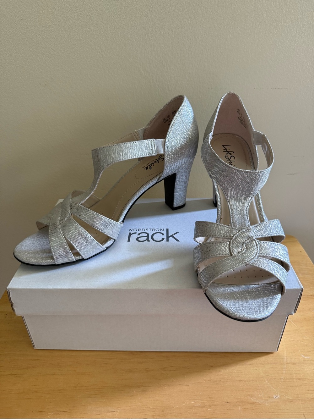 Life Stride Silver Metallic T-Strap Mid Heel Sandals